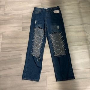 KIWI Rhinestone cutout Straight leg Jeans